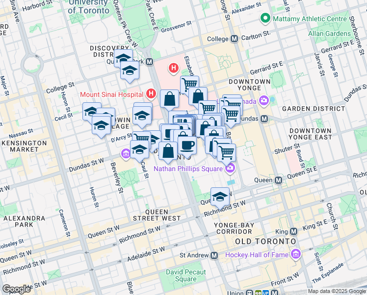 map of restaurants, bars, coffee shops, grocery stores, and more near 439 University Avenue in Toronto