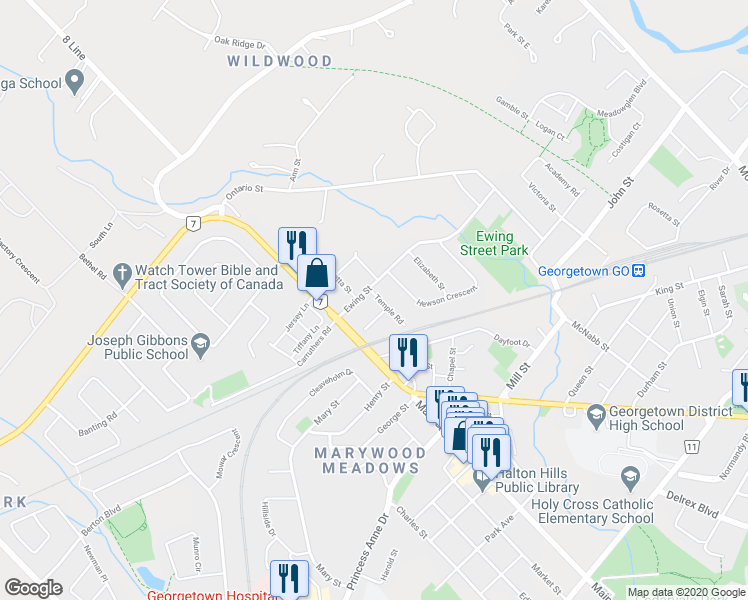 map of restaurants, bars, coffee shops, grocery stores, and more near 4 Temple Road in Halton Hills