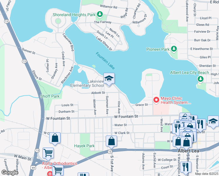 map of restaurants, bars, coffee shops, grocery stores, and more near 902 Abbott Street in Albert Lea