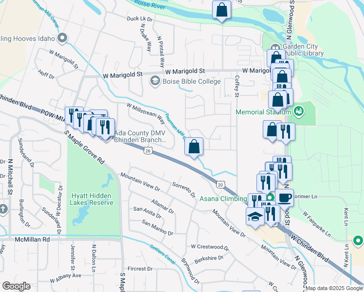 map of restaurants, bars, coffee shops, grocery stores, and more near 5461 Willowcrest Place in Boise
