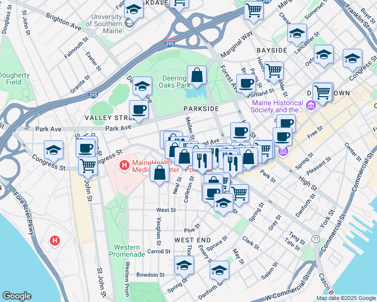 map of restaurants, bars, coffee shops, grocery stores, and more near 42 Mellen Street in Portland