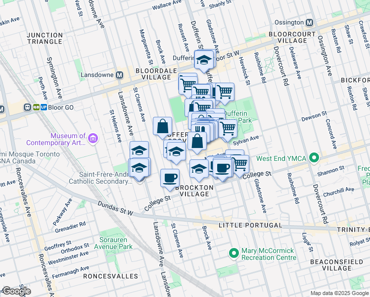 map of restaurants, bars, coffee shops, grocery stores, and more near 431 Brock Avenue in Toronto
