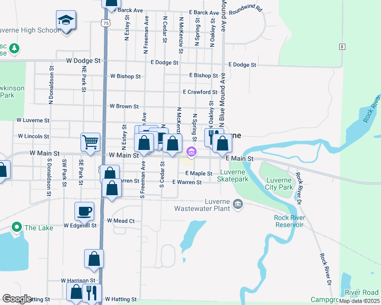 map of restaurants, bars, coffee shops, grocery stores, and more near 321 East Main Street in Luverne