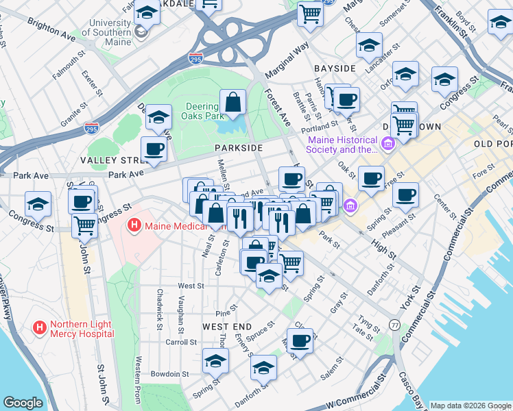 map of restaurants, bars, coffee shops, grocery stores, and more near 57 Deering Street in Portland