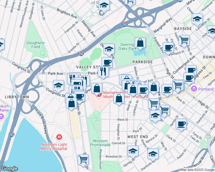 map of restaurants, bars, coffee shops, grocery stores, and more near 15 Crescent Street in Portland