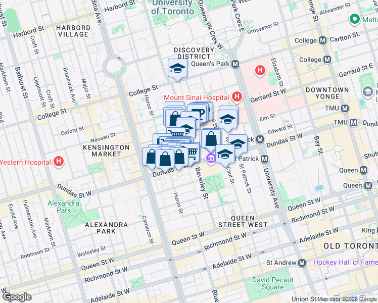map of restaurants, bars, coffee shops, grocery stores, and more near 150 Beverley Street in Toronto