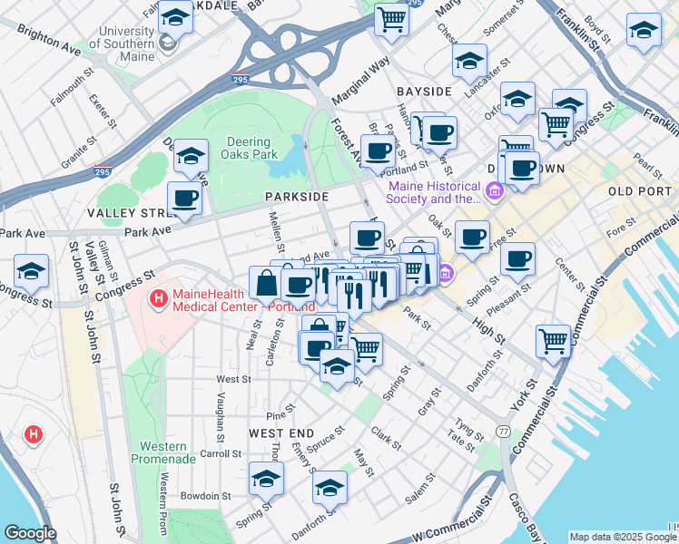 map of restaurants, bars, coffee shops, grocery stores, and more near 39 Deering Street in Portland