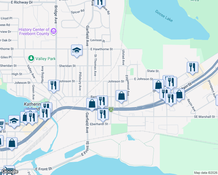map of restaurants, bars, coffee shops, grocery stores, and more near 603 Saint Peter Avenue in Albert Lea