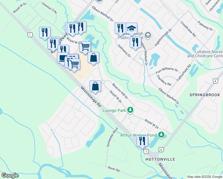 map of restaurants, bars, coffee shops, grocery stores, and more near 99 Royal West Drive in Brampton