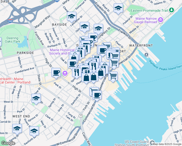 map of restaurants, bars, coffee shops, grocery stores, and more near 14 South Street in Portland