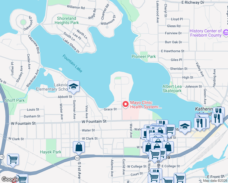 map of restaurants, bars, coffee shops, grocery stores, and more near 523 Park Avenue in Albert Lea
