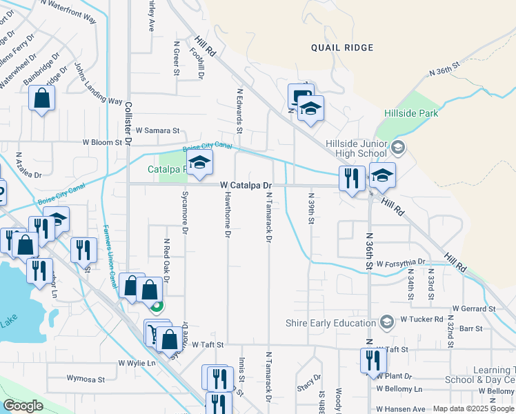 map of restaurants, bars, coffee shops, grocery stores, and more near 3813 North Tamarack Drive in Boise