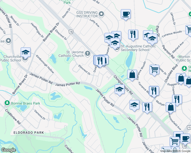 map of restaurants, bars, coffee shops, grocery stores, and more near 17 Dusk Drive in Brampton