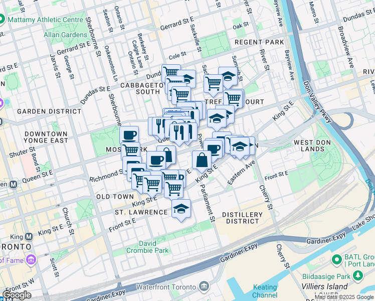 map of restaurants, bars, coffee shops, grocery stores, and more near 533 Richmond Street East in Toronto
