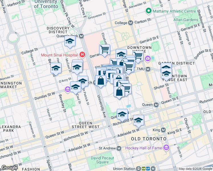 map of restaurants, bars, coffee shops, grocery stores, and more near 55 Centre Avenue in Toronto