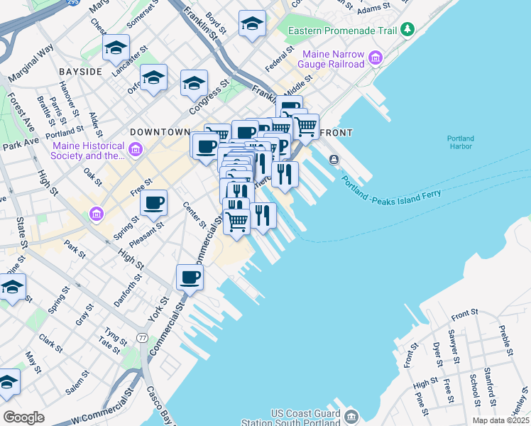 map of restaurants, bars, coffee shops, grocery stores, and more near 184 Commercial Street in Portland