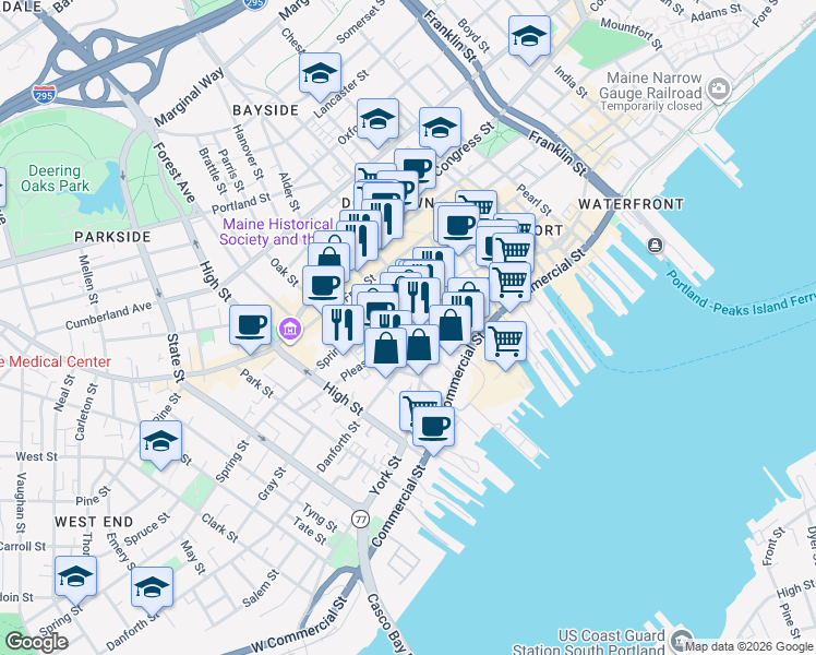 map of restaurants, bars, coffee shops, grocery stores, and more near 14 South Street in Portland