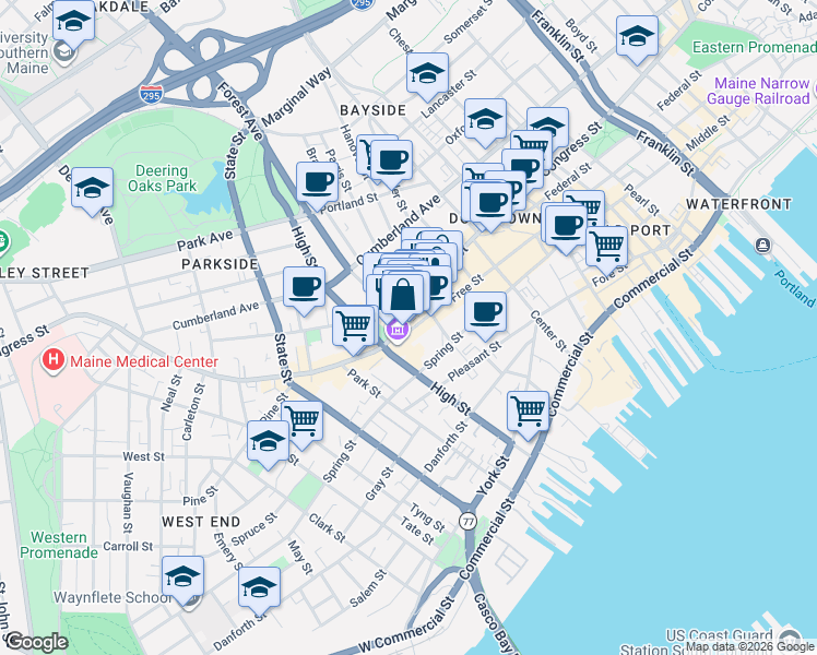 map of restaurants, bars, coffee shops, grocery stores, and more near 554 Congress Street in Portland