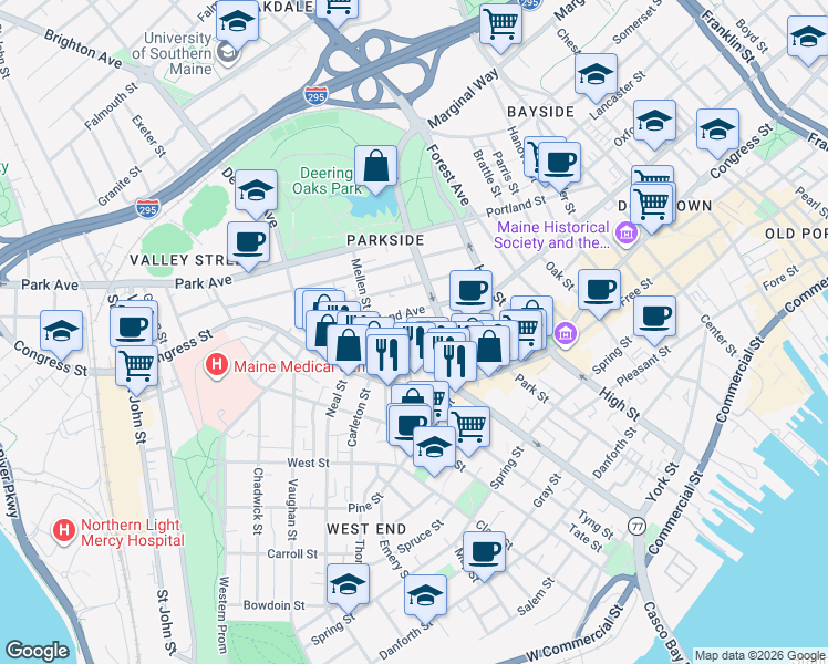 map of restaurants, bars, coffee shops, grocery stores, and more near 57 Deering Street in Portland