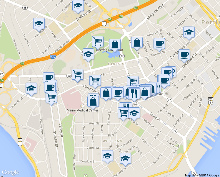 map of restaurants, bars, coffee shops, grocery stores, and more near 42 Mellen Street in Portland