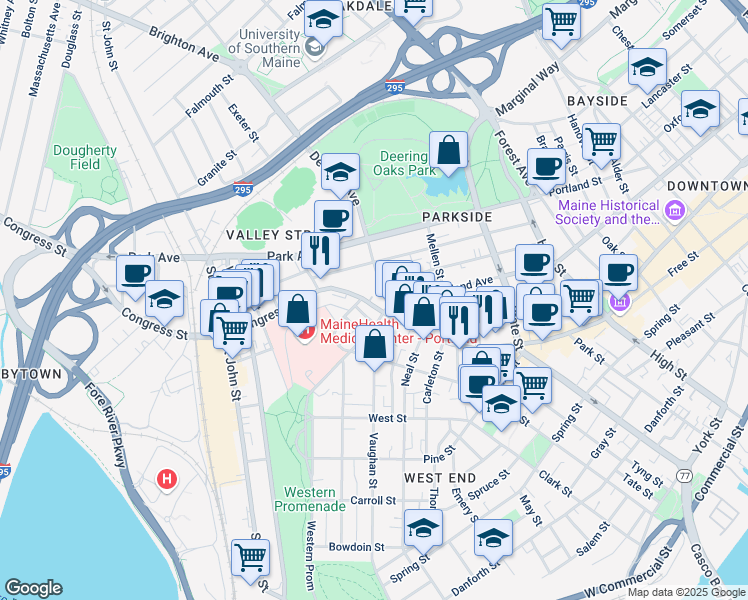 map of restaurants, bars, coffee shops, grocery stores, and more near 819 Congress Street in Portland