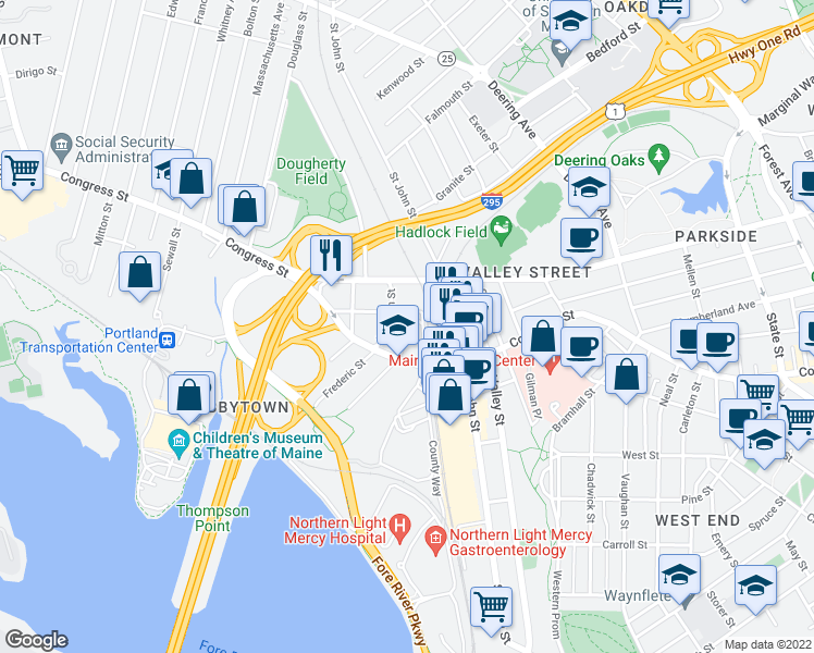 map of restaurants, bars, coffee shops, grocery stores, and more near 15 Cherry Street in Portland