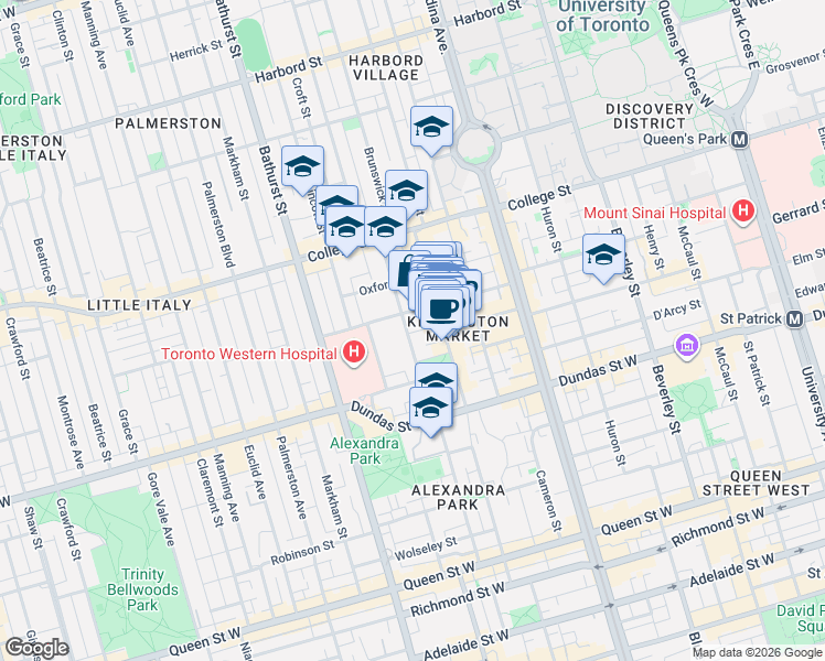 map of restaurants, bars, coffee shops, grocery stores, and more near 241 Augusta Avenue in Toronto