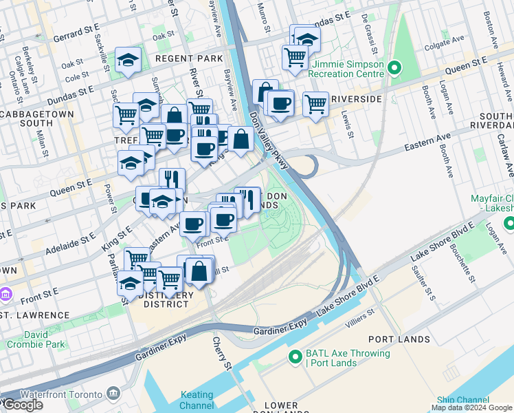 map of restaurants, bars, coffee shops, grocery stores, and more near in Toronto