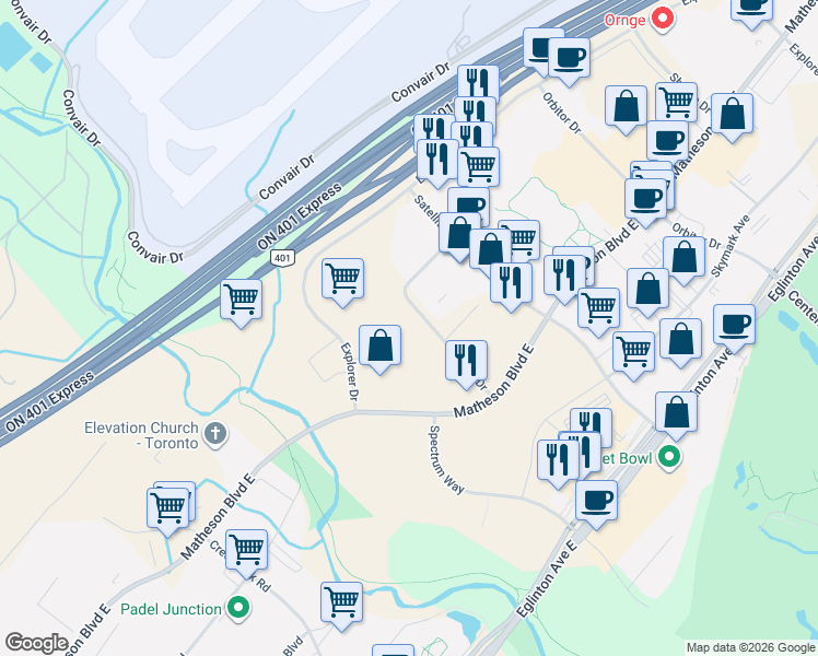 map of restaurants, bars, coffee shops, grocery stores, and more near 5270 Solar Drive in Mississauga