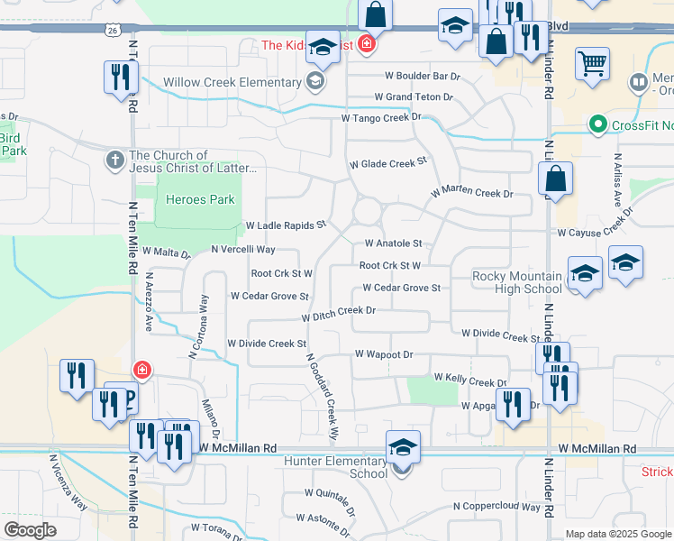 map of restaurants, bars, coffee shops, grocery stores, and more near 5486 North Stanley Creek Avenue in Meridian