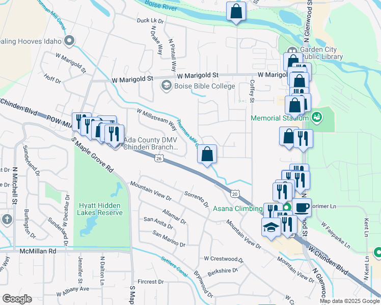 map of restaurants, bars, coffee shops, grocery stores, and more near 5428 West Millstream Way in Garden City
