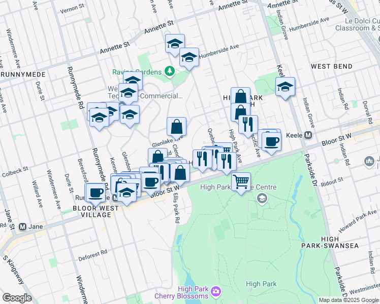map of restaurants, bars, coffee shops, grocery stores, and more near 64 Gothic Avenue in Toronto
