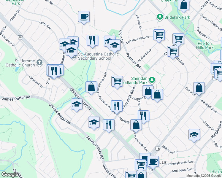 map of restaurants, bars, coffee shops, grocery stores, and more near 10 Brookfield Court in Brampton