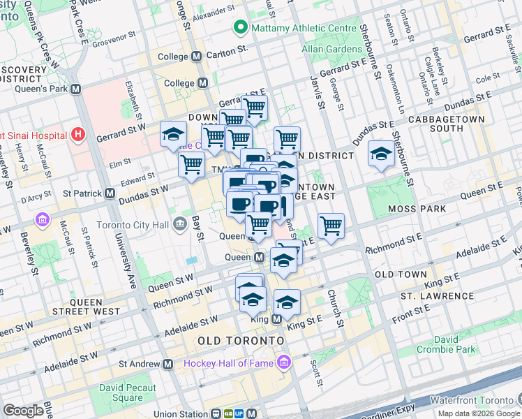 map of restaurants, bars, coffee shops, grocery stores, and more near 200 Victoria Street in Toronto