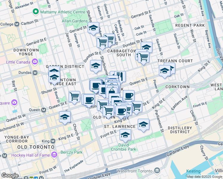 map of restaurants, bars, coffee shops, grocery stores, and more near Queen St E & Sherbourne St in Toronto