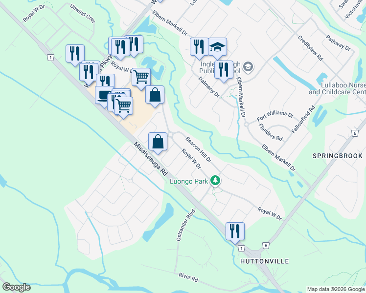map of restaurants, bars, coffee shops, grocery stores, and more near 99 Royal West Drive in Brampton