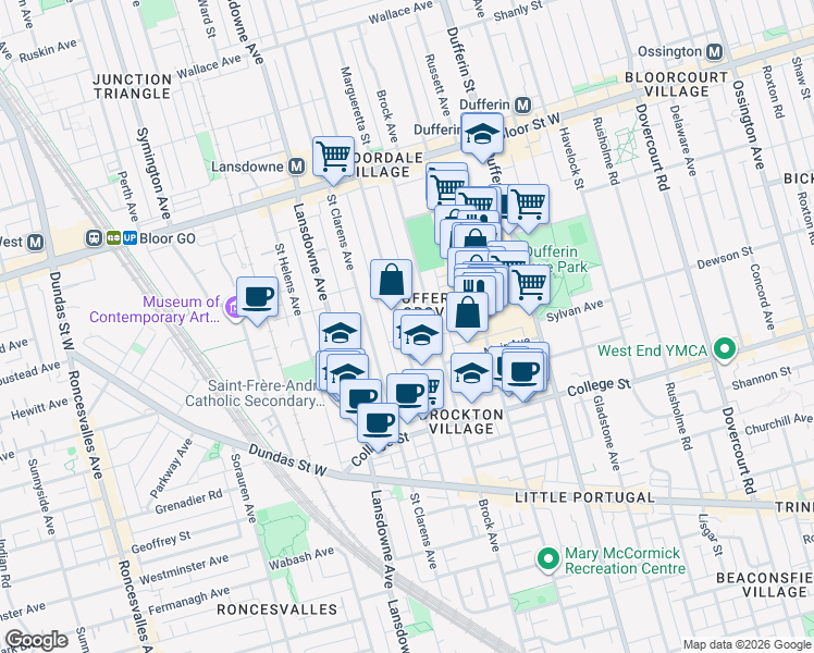 map of restaurants, bars, coffee shops, grocery stores, and more near 161 Margueretta Street in Toronto