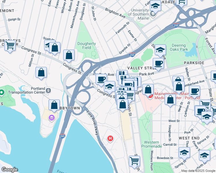map of restaurants, bars, coffee shops, grocery stores, and more near 15 Cherry Street in Portland