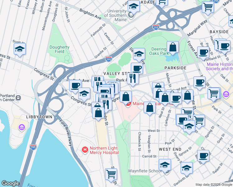 map of restaurants, bars, coffee shops, grocery stores, and more near 12 Forest Street in Portland