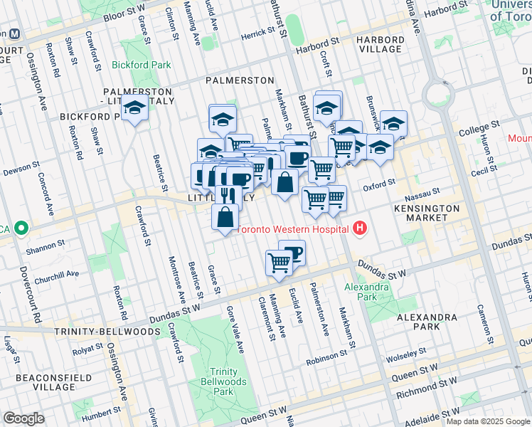 map of restaurants, bars, coffee shops, grocery stores, and more near 332 Euclid Avenue in Toronto