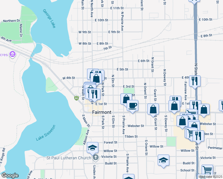 map of restaurants, bars, coffee shops, grocery stores, and more near 211 North Elm Street in Fairmont