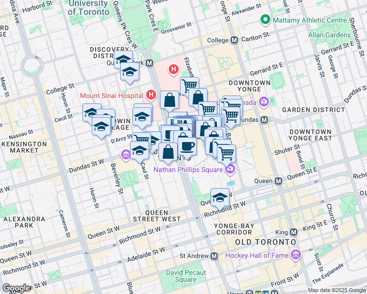 map of restaurants, bars, coffee shops, grocery stores, and more near in Toronto