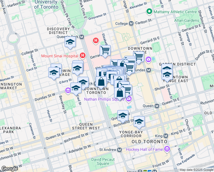 map of restaurants, bars, coffee shops, grocery stores, and more near 55 Centre Avenue in Toronto