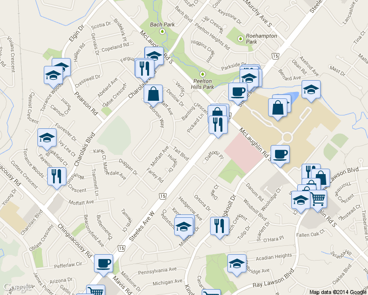 map of restaurants, bars, coffee shops, grocery stores, and more near 142 Banting Crescent in Brampton