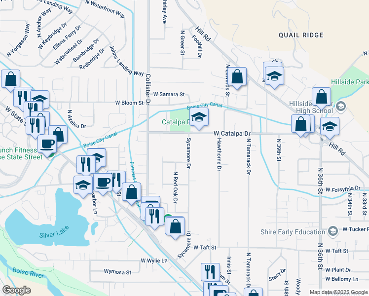 map of restaurants, bars, coffee shops, grocery stores, and more near 3801 Sycamore Drive in Boise
