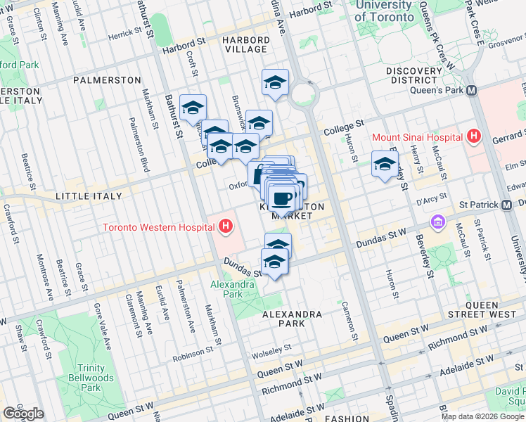 map of restaurants, bars, coffee shops, grocery stores, and more near 45 Bellevue Avenue in Toronto