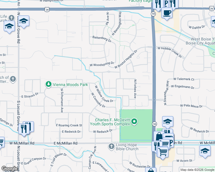 map of restaurants, bars, coffee shops, grocery stores, and more near 5471 North Rosepoint Way in Boise