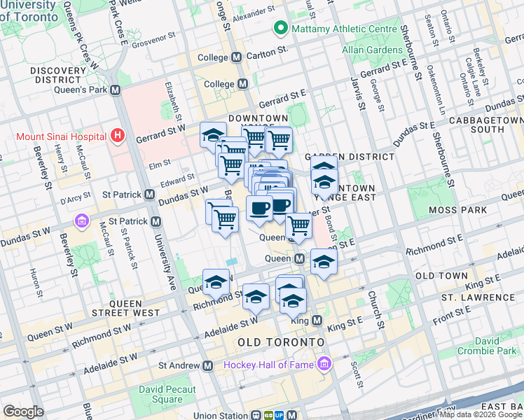 map of restaurants, bars, coffee shops, grocery stores, and more near 19 Trinity Square in Toronto