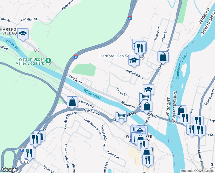 map of restaurants, bars, coffee shops, grocery stores, and more near 46 Cascadnac Avenue in Hartford