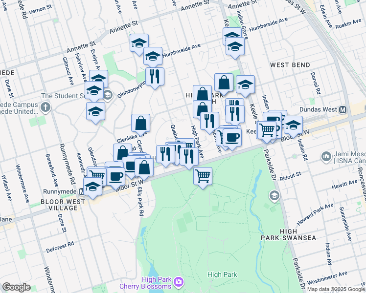 map of restaurants, bars, coffee shops, grocery stores, and more near 55 Quebec Avenue in Toronto